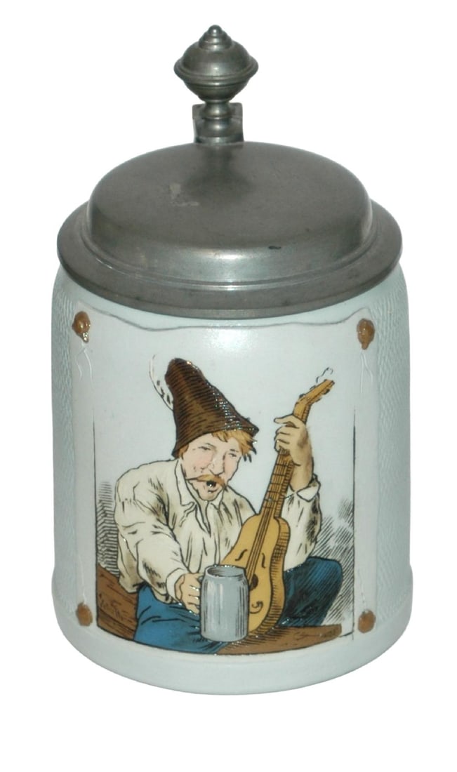 Mettlach Guitar Musician w Beer Stein Etched Stein: Mettlach #1645 Etched 1/2L. Man plays guitar and sits with stein. Mint.