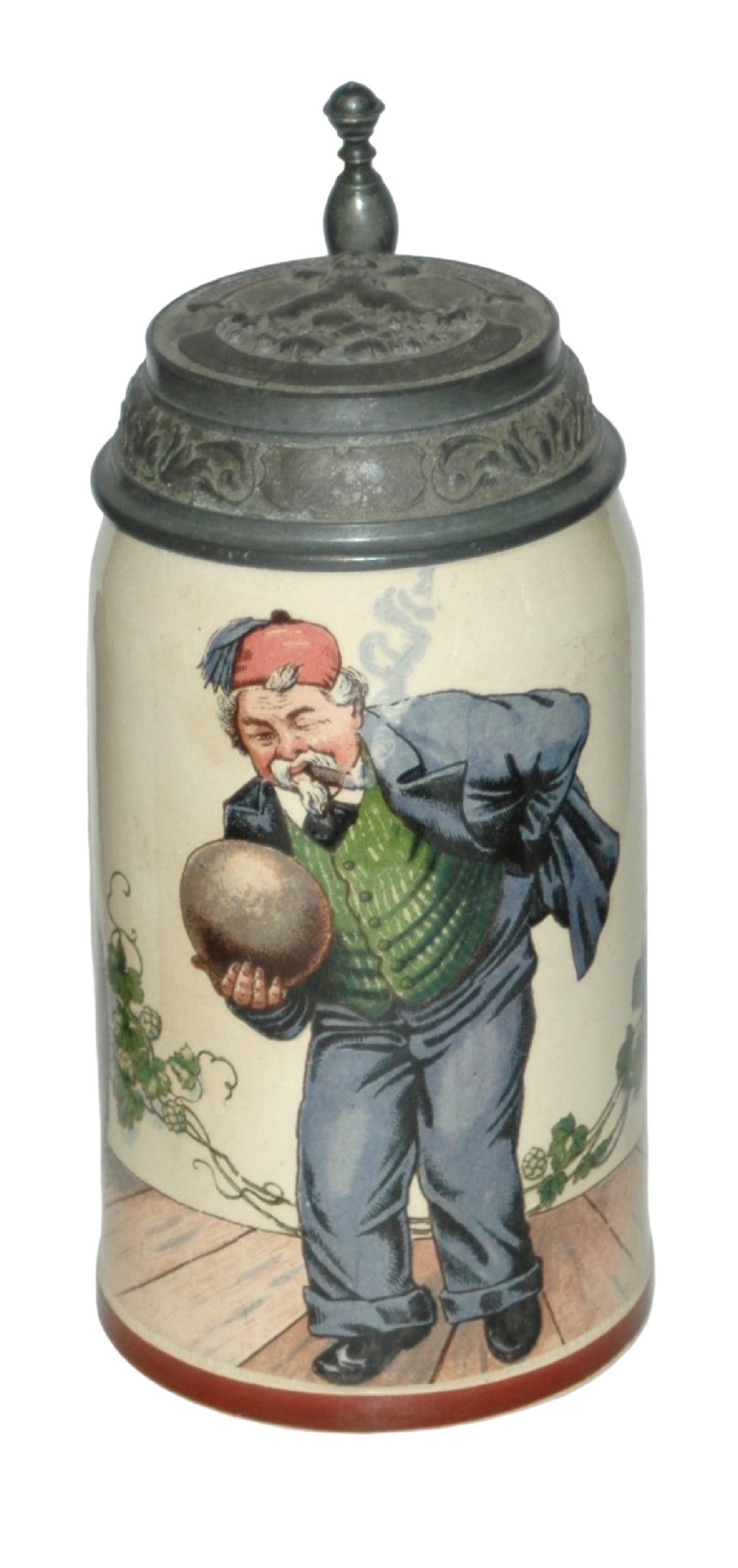 Mettlach Bowling Man w Cigar w Bowling Lid: Mettlach #1909/1212 PUG 1/2L. Man smokes cigar while bowling. Relief bowling pewter lid. Mint.