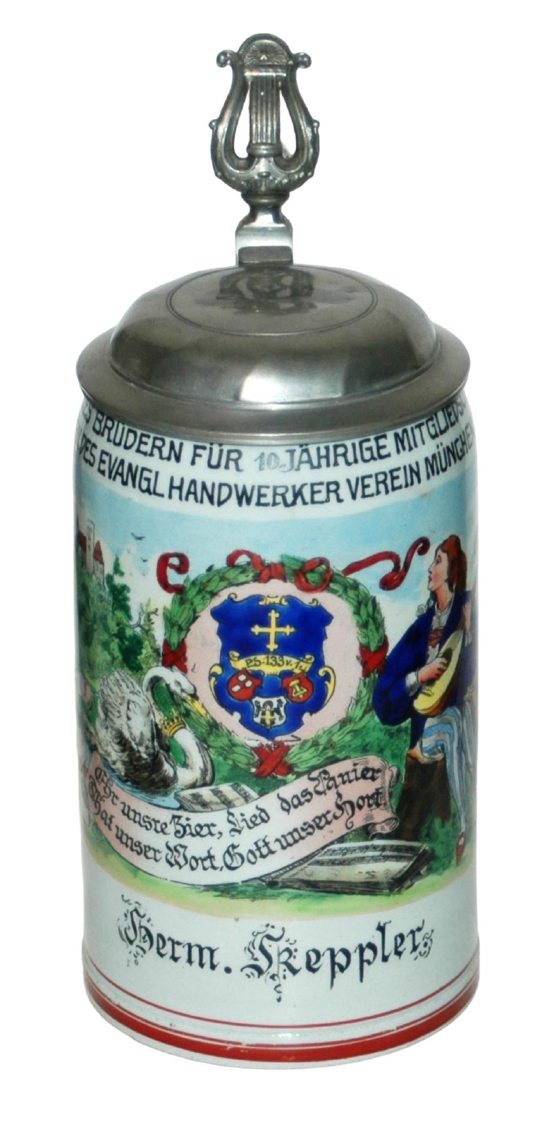 RARE Mettlach Colorful Scenes & Verse Munich Stein: Mettlach #1909 POG 1/2L. German verse that translates “dedicated to his singing brothers for 10-year-old singers of the Evangelical Craftsmen Association of Munich, Herm. Keppler.” Rare. M