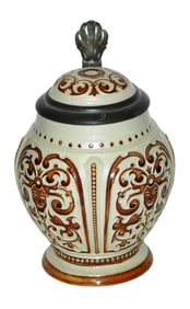 Mettlach Mosaic Floral & Faces Stein w Inlay Lid