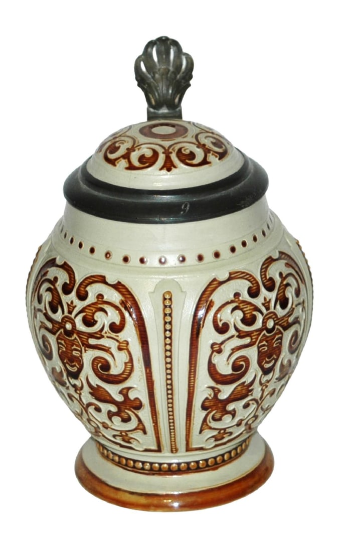 Mettlach Mosaic Floral & Faces Stein w Inlay Lid: Mettlach #1801 Mosaic 1/2L. Floral and faces. Inlay lid. Mint.