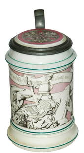 Mettlach Parrion Stein walks on top of a Giant: Mettlach Parrion POG 1/2L. Stein walks on top of giant. Inlay lid. Mint.