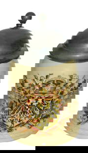 Mettlach Eagle in Shield Crown Floral Verse Stein: Mettlach #285 POG 1/2L. Eagle in shield beneath a crown with floral and verse. Mint.