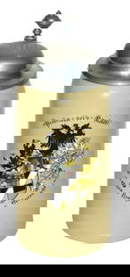 1L Mettlach Student Shield Stein & Student Lid: Mettlach $1526 POG 1L. Student shield. &#8220;Ulmia sei&#8217;s Panier!&#8221; Student symbols on lid. Mint.