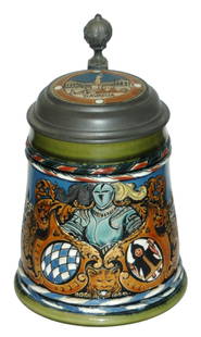 Mettlach Knight and Panoramic Munich Scene Stein: Mettlach #3043 Etched 1/2L. Knight and panoramic scene of Munich. Inlay lid. Mint.