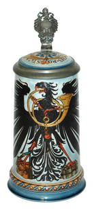 Mettlach Postman Occupational Eagle & Horn Stein: Mettlach #1856 Etched 1/2L. Postman occupational with black eagle and French horn. Inlay lid. Mint.