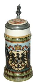Mettlach Soldiers & Eagle Shield Stein w Inlay Ld