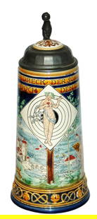Min1L Nude Venus Target Cherub City Rabbits Stein: Mettlach #2717 Etched 1L. Venus target of nude. Cherub, city and running rabbits on sides. Inlay lid. Mint.