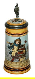 Mettlach Munich Child & Beer Barrel Stein w Inlay: Mettlach #2767 Etched 1/2L. Munich Child stands by beer barrel. Inlay lid. Mint.