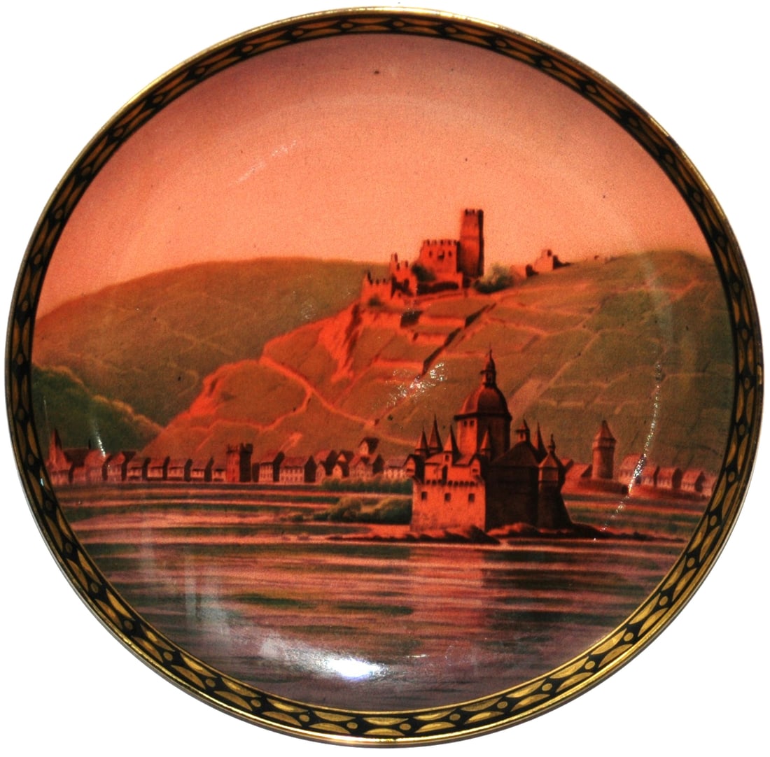 Mettlach 12" Plaque Castle Ruins at Dusk: Mettlach #1044/1352 PUG 12” Plaque. Caub castle ruins at dusk. Mint.