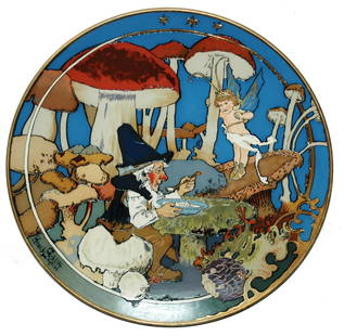 Mettlach Schlitt Dwarf w Soup at Mushrooms Plaque: Mettlach #2697 Etched 17&#8221; Plaque. Schlitt. Dwarf eating soup under large mushrooms with cherub watching. Mint.