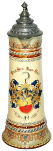 RARE 3L Mettlach Hand Painted Shield Stein: Mettlach #1940 Hand Painted 3L. “Vivat Sor. Lus. Sor.! 10/XII LL! 1716” Shield. Fancy relief pewter lid. Rare. Mint.