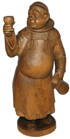 20" Carved Wood Monk w Wine Goblet