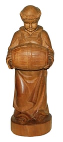 Carved Wood 18" Monk with Barrel Figure