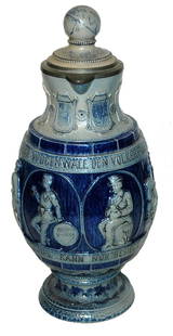 RARE 15" HR Stein w Shield, Drinkers & Globe Lid: Stoneware HR & LB&C Relief 15” Stein. Various figures drinking. Unique figural inlay lid of a globe. Shields around upper body. Rare. Mint.