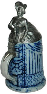 Stoneware Bustle Lady Character Stein w Great Lid: Character Stein 1/2L HR Stoneware. Bustle lady with great pewter figural lid. Mint.