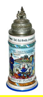 Machine Gun Regimental Stein w Roster & 4 Scenes: Regimental Stein 1/2L Porcelain. &#8220;Masch. Gew. Komp. 8 Inft. Regt. Grossh. Friefrich II v. Baden Metz 1910-1912, Reservist Hartleb.&#8221; Four side scenes. Rear roster. Crew top machine gun fini