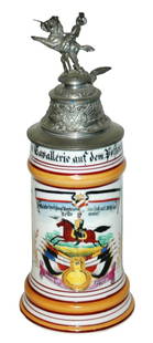 Ulan Regimental Stein w Guard Star on Thumblift: Regimental Stein 1/2L Porcelain. “3 Garde Ulanen Regt. Potsdam 1901. Two side scenes. Guard star from thumblift. Mint.
