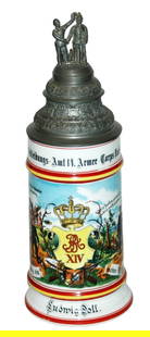 Bekleidungs 14 Armee Corps Regimental Stein: Regimental Stein 1/2L Porcelain. “Kgl. Bekleidungs Amt. 14 Armee Corps Karlsruhe 1900-1903, Ludwig Doll.” Two side scenes. Rear roster. Mint.