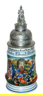 Regimental Bayr Inft Screw Off Lid w Branch Handle: Regimental Stein 1/2L Porcelain. “1 Comp. 6 Kgl. Bayr. Inft. Regt. Grossherz. Ernst Ludw. V. Hessen Bamberg 1912-14, Gefreiter Eduard Straub.” Two side scenes. Screw odd lid. Branch