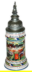 Regimenatl Bayr 5 Feld Art 1 Reit Batt Stein: Regimental Stein 1/2L Porcelain. &#8220;Kgl. Bayr 5 Feld Art. Regt. Konig Alfons XIII v. Spanien 1 Reit. Battr. Landau 1907-10, Gefreiter Koch.&#8221; Four side scenes. Rear roster. Stanhope glass mis
