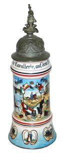 Regimental Huss No 7 Stein Uncommon Apple base: Regimental Stein 1/2L Porcelain. “3 Esk. Hus. Regt. Konig Wilh. I. 1 Rhein No 7 Bonn 1904-1907, Husar Stelzle.” Two side scenes. Rear roster. Uncommon apple shaped panels around base.