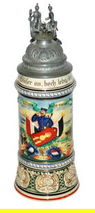 Regimental Kurhess Feld Art No 11 Stein Cannon Lid: Regimental Stein 1/2L Pottery. &#8220;4 Battr. 1 Kurhess Feld Art. Regt. No 11 in Cassel 1905-1906,&#8221; Two side scenes. Rear roster. Crew top cannon finial. Mint.