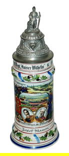 Regimental 6 Inft 8 Comp Stein w Lion Head Lid: Regimental Stein 1/2L Porcelain. “Kgl. Bayr. 6 Inft. Regt. Kaiser Wilhelm 8 Comp. Amberg 1911-13, Josef Bauer.” Two side scenes. Rear roster. Relief lion head lid.