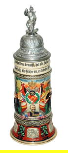 Regimental 12 Comp Wurtt Inft Nr 126 Stein: Regimental Stein 1/2L Pottery. “12 Comp 8 Wurtt. Inft. Regt. Nr 126 Strssburg 1913-1917, Reservist Rink.” Two side scenes. Rear roster. Mint.