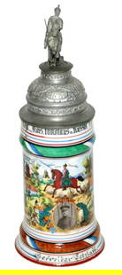 Regimental 1 Chev 4 Esr Horse & Rider Finial Stein: Regimental Stein 1/2L Porcelain. “Kgl. Bay. 1 Chev. Regt. Kais. Nikolaus v. Russid. 4 Esr. Nurnberg 1908-11, Gefreiter Tetzlaff.” Four side scenes. Rear roster. Large horse and rider
