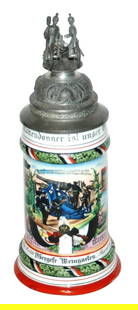 Regimental Garde Fuss Art Stein w Cannon Finial: Regimental Stein 1/2L Porcelain. “2 Comp. Garde Fuss Art. Regiment in Spandau 1903-1905, Obergefr. Weingarten.” Two side scenes. Large crew top cannon finial.