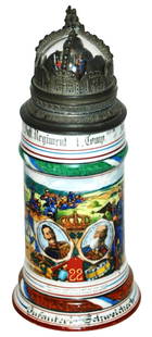 Regimental Stein w Screw Off Crown Scene Lid: Regimental Stein 1/2L Porcelain. “Kgl. Bayr. 22 Inft. Regiment 1 Comp. Zweibrucken 1908-10, Infanterist Schweichert.” Four side scenes. Screw off crown lid with guard house scene.