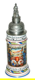 Regimental 7 Bayr Inft Stein Screw Off Finial: Regimental Stein 1/2L Porcelain. “8 Comp. 7 Bayr. Inft. Regt. Prinz Leopold Bayreuth 1911-13, Infanterist Andreas Fuginann.” Four side scenes. Rear roster. Screw off finial. Mint.