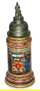 Regimental 12 Comp 17 Inft Stein w Screw Off Lid: Regimental Stein 1/2L Porcelain. “12 Comp. Kgl. Bayr. 17 Inft. Regt. Orff. Germersheim 1911-13, Reservist Herchelrath.” Four side scenes. Rear roster. Screw off lid with porcelain