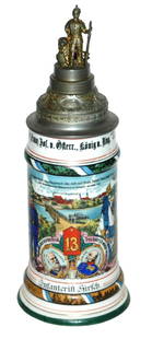 Regimental 13 Inft  Stein w Screw Off Finial: Regimental Stein 1/2L Porcelain. &#8220;13 Inft. Regt. Kaiser Franz Jof. V. Osterr. Konig v Ung. 3 Komp. Ingolstadt 1911-13, Infanterist Hirsch.&#8221; Four side scenes. Rear roster. Screw off finial.