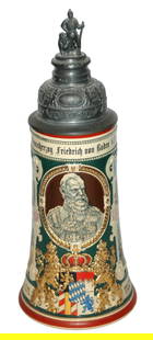 Regimental 8 Inft Stein Four Scenes: Regimental Stein 1/2L Pottery. &#8220;8 Inft. Regt. Grossherzog Friedrich von Baden 6 Comp. Metz 1904-1906, Unteroffizier Kottmair.&#8221; Four side scenes. Rear roster. Mint.