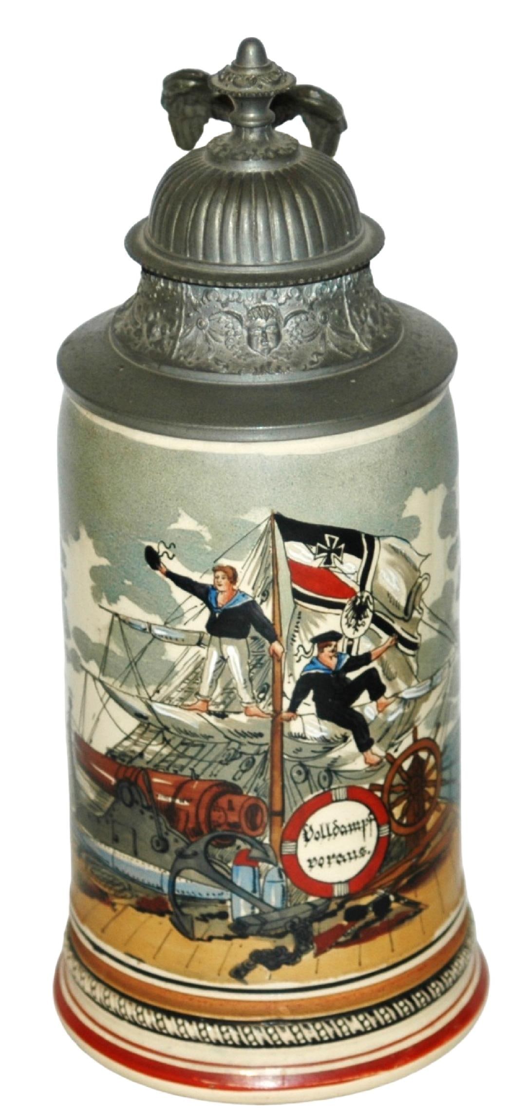 Navy Soldiers Climb on Military Ship Stein: Pottery Merkelbach & Wick POG 1/2L. Naval soldiers climb aboard ship. Mint.