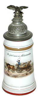 Uncommon Occupational Police on Animal Lead Cart: Occupational Stein 1/2L Porcelain. Polizei in Nordschnaben, Erhard Bernbach 1895. Policeman. Side scene shows an arrest. Uncommon. Mint.