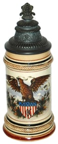 US Eagle Shield Stein w Fancy Pewter Relief Lid