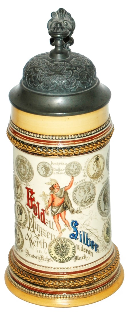 Mercury w Coins Printed on Body Stein w Fancy Lid: Pottery POG 1/2L. Mercury with many different coins around body. Fancy relief pewter lid. Mint.