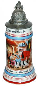 Occupational Blacksmith Stein w Horseshoeing Scene: Occupational Stein 1/2L Porcelain. Blacksmith Michael Strauss 1913. Horse shoeing scene. Mint.