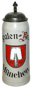 3L Spaten Brau Stoneware Stein w Matching Logo Lid: Brewery Stein 3L Stoneware POG. Spaten-Brau, Munchen. Matching logo on lid. Mint.
