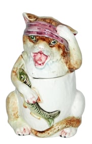Majolica Cat w Fish & Headache Tobacco Jar