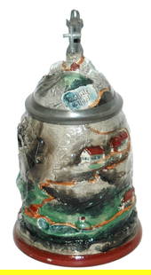 Zugspitz Mountain Character Stein w Pewter Cross: Character Stein 1/2L Stoneware Martin Pauson. Zugspitz mountain with pewter cross. Mint.