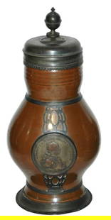 2-1/2L Bunzlau Stein w Fancy Pewter 1765 Coin Lid: Stoneware Stein 2 1/2L Bunzlau Factory. Fancy pewter mounts and medallion of royal figure front panel. 1765 coin in lid. Very good condition.
