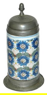 1-1/4L Erfurt Faience Floral Design Stein c.1780: Faience Stein 1 1/4L Erfurt Factory. Floral design around body. Circa 1780.
