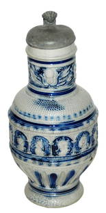 Raeren 1587 Kings & Shields Stoneware Stein: Stoneware Stein 1/2L Raeren Factory. Kings and shields dated 1587 on body. Very good condition.