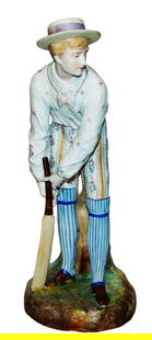 Heubach 14" Cricket Player w Bat in Fancy Clothes: Heubach Porcelain 14” Figure. Cricket player with bat in very fancy cloths and hat. Mint.