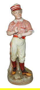Rare Heubach 16-1/2" Baseball Figurine 1880: Heubach Porcelain 16 1/2” Figure. Baseball batter in red striped shirt uniform and hat. The largest and rarest size of these 1880 baseball figurines.