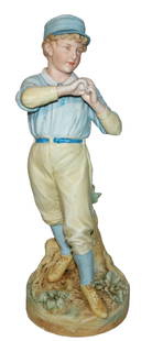 Rare Heubach Baseball Pitcher 1880 Figurine: Heubach Porcelain 16 1/2” Figure. Baseball pitcher ready to throw the ball in blue uniform and hat. While most of these baseball figurines have striped uniforms, this one is a solid blue